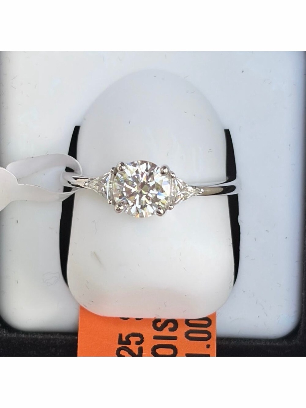 Moissanite 3 Stone Ring w/ Trillion Accents 925 Sterling Silver Size 7 NIB